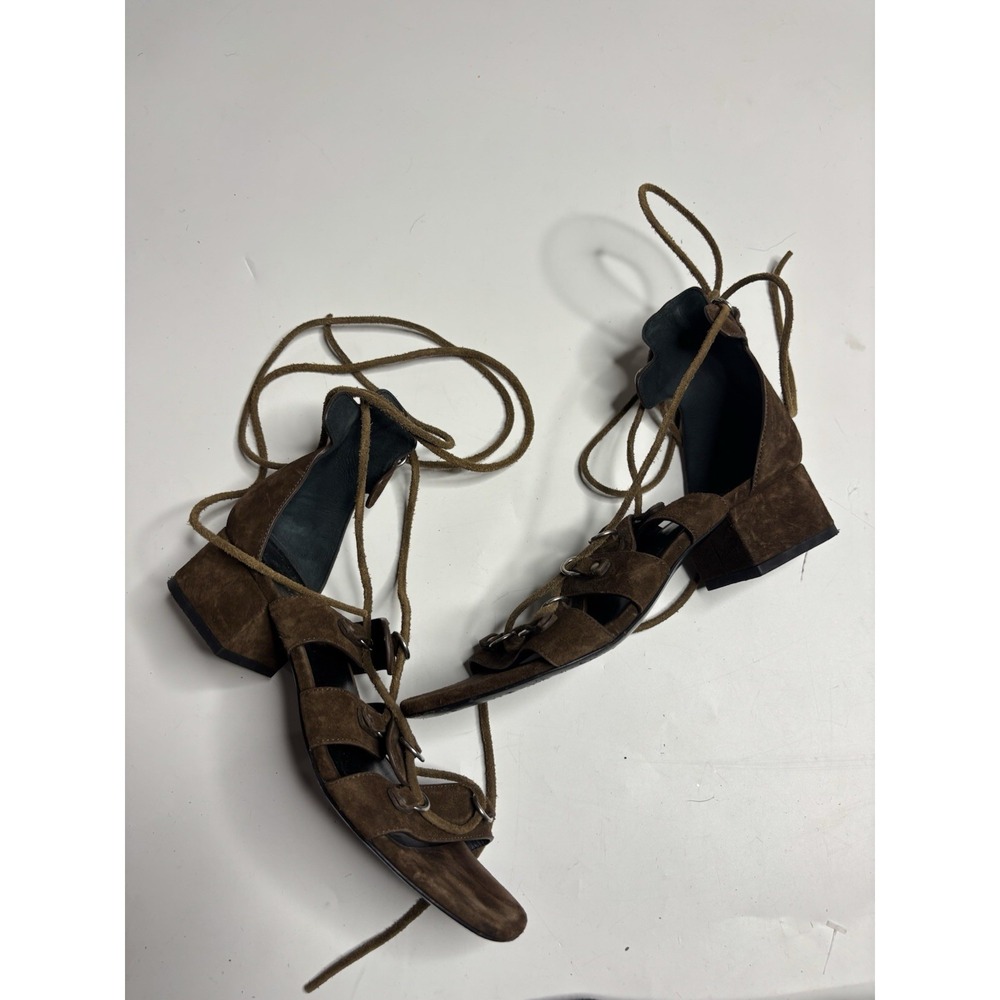 Saint Laurent Paris Womens 38 US 7.5 Brown Suede Gladiator Block Lace Up Sandals